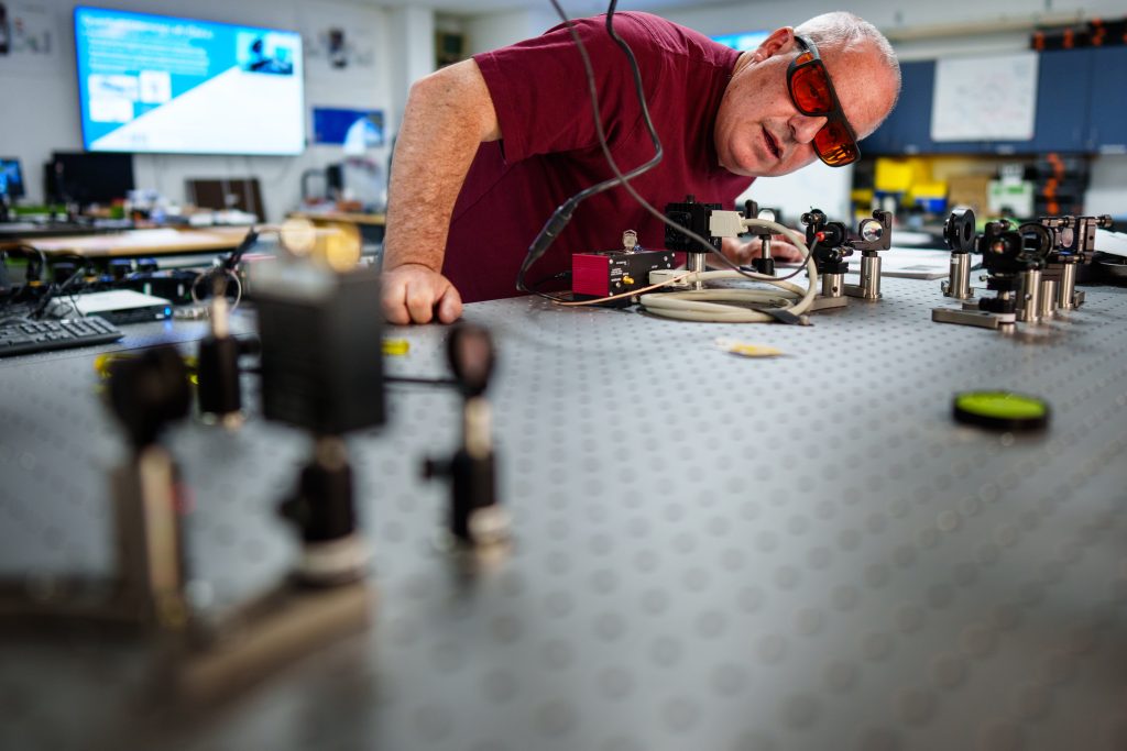 Final equipment installation is taking place at Central New Mexico Community College for the Quantum Technician Bootcamp. The program launches this fall and is a collaboration between Sandia National Laboratories and the college. (Photo by Craig Fritz) Click on the thumbnail for a high-resolution image.