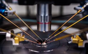A semiconductor is tested to see if it meets specifications at Sandia’s MESAFab complex. The complex develops and maintains core semiconductor processing capabilities that enable customers to build differentiating microsystems products.( Photo by Craig Fritz) Click on the thumbnail for a high-resolution image.