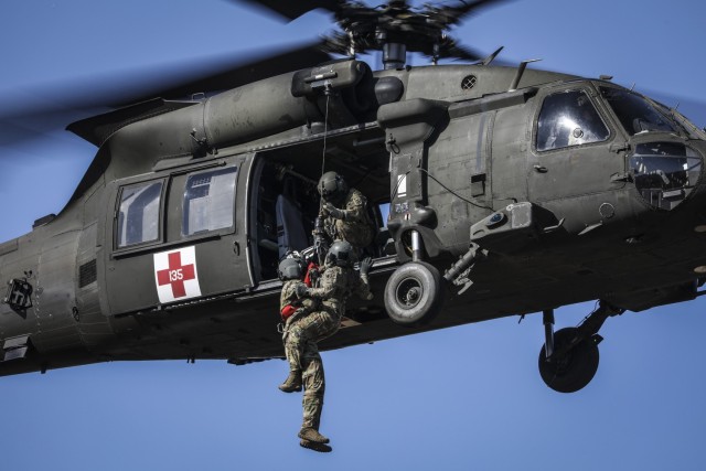 U.S. Army Reserve Soldiers of C. Co. 7-158th Aviation Regiment conduct casualty hoist training during Mojave Falcon 2025 at Fort Hunter Liggett, Calif., on May 30. Mojave Falcon 2025 is a multi-faceted first-of-its-kind Army Reserve training...