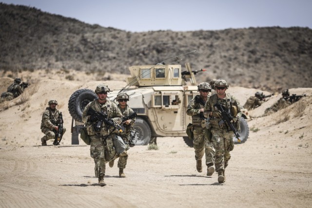 Army Reserve Soldiers secure the perimeter of their forward operating base during exercise Mojave Falcon at the National Training Center, Fort Irwin, Calif., June 1, 2025. Mojave Falcon 2025 is a multi-faceted first-of-its-kind Army Reserve...