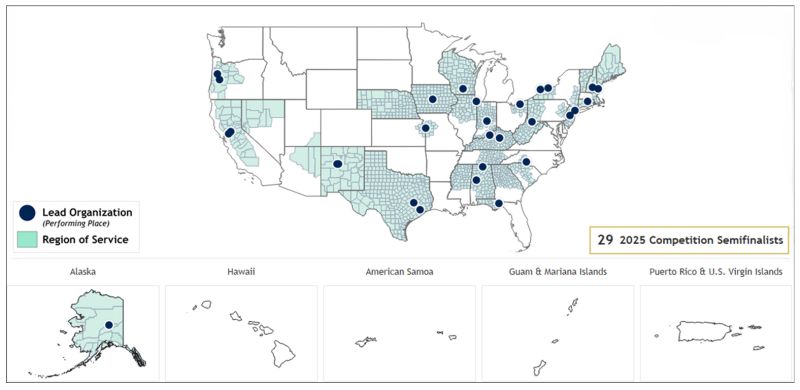 A map showing the locations of the U.S. National Science Foundation Regional Innovation Engines (NSF Engines) program's 29 finalists for 2025.
