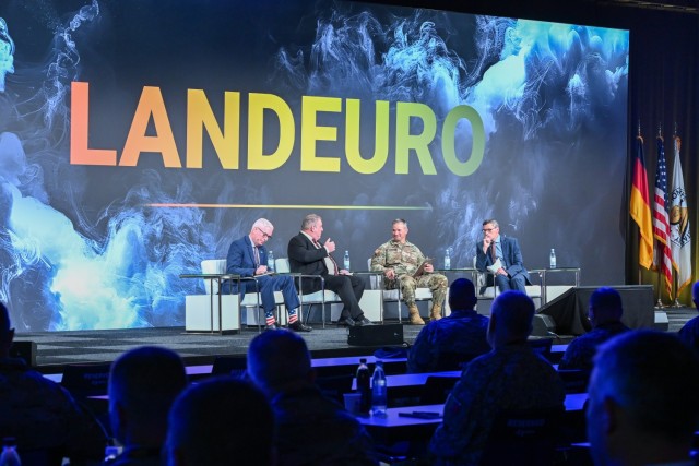 U.S. Army Brig. Gen. Steven P. Carpenter engages in panel discussion with other military and industry leaders during LANDEURO 2025 in Wiesbaden, Germany, July 17, 2025. The discussion highlighted collaboration, innovation, and future capabilities...
