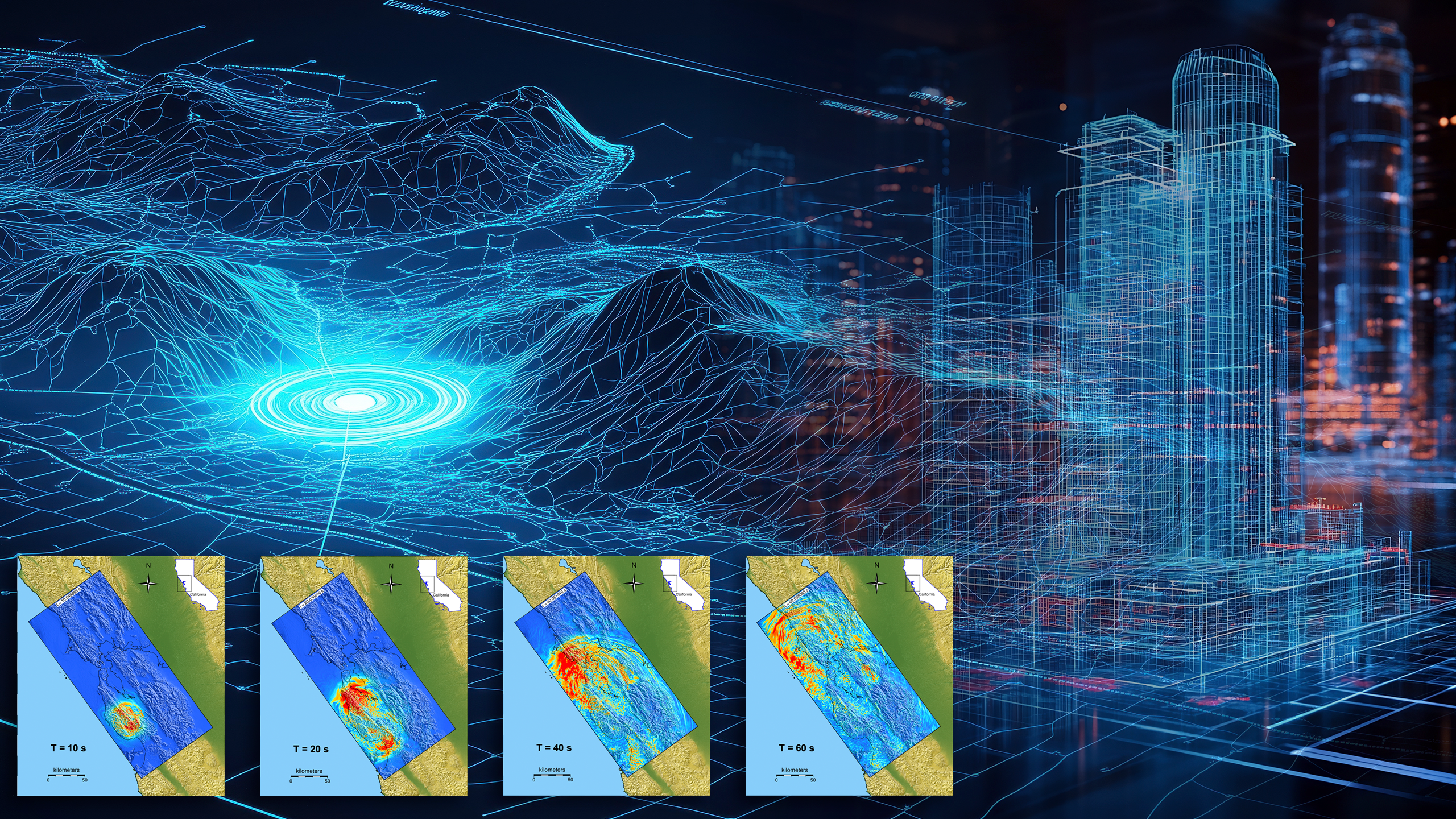 This illustration featuring earthquake simulation data from the San Francisco Bay Area shows how seismic energy is shaped and directed by local geology and how buildings and infrastructure respond to intense ground shaking. 